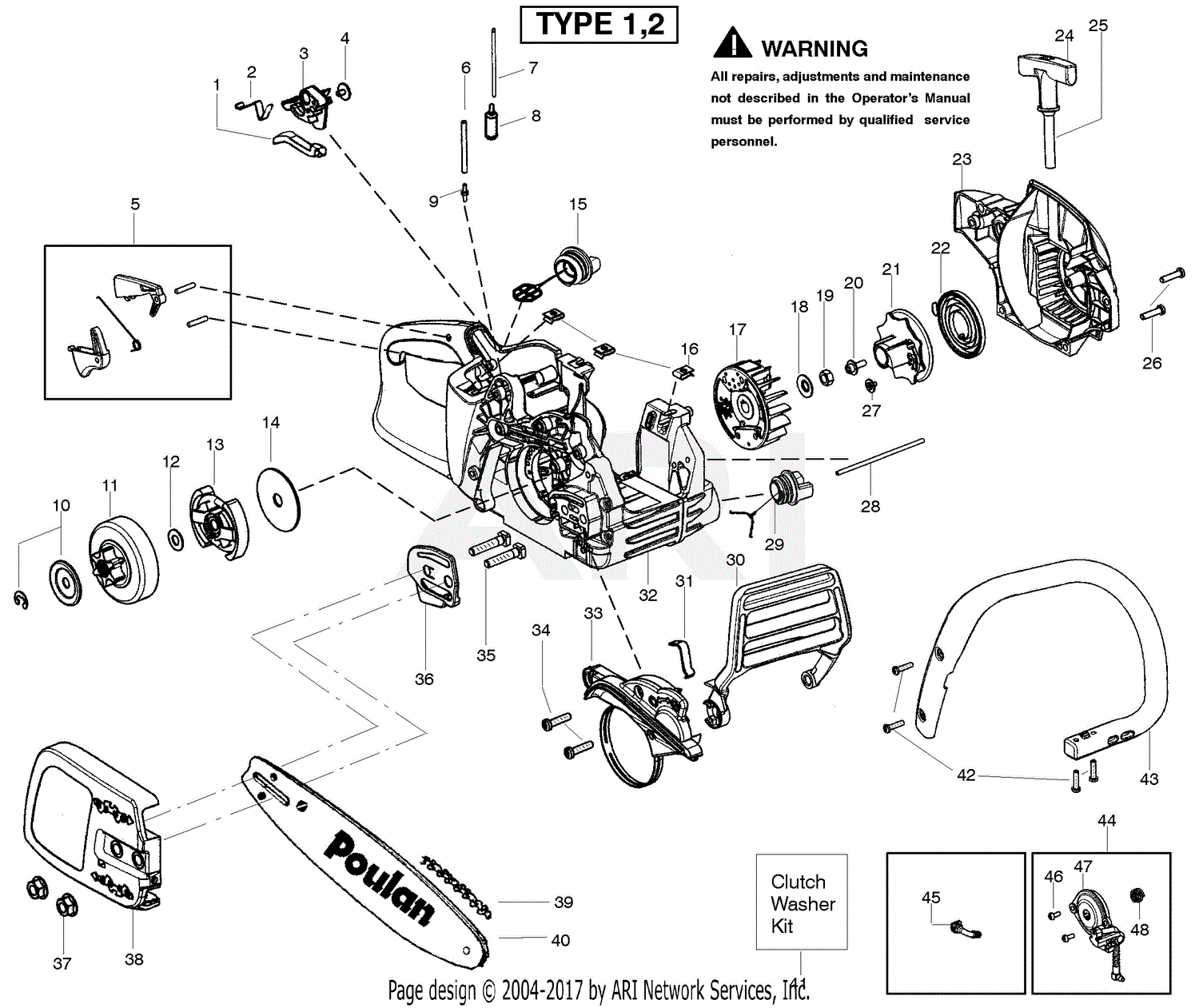 Poulan P3816 Gas Chain Saw Type 1 Parts Diagrams