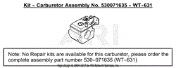 Carburetor Assembly (WT-631) P/N 530071635