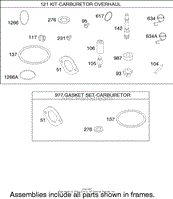 CARBURETOR OVERHAUL KIT ASSEMBLY BRIGGS AND STRATTON MODEL 286H77-0121-E1