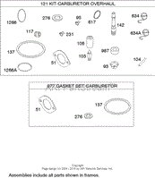 CARBURETOR OVERHAUL KIT ASSEMBLY BRIGGS AND STRATTON MODEL 280H07-0160-E1