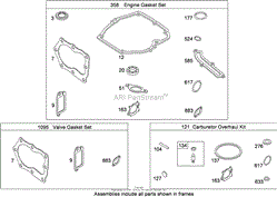 ENGINE AND VALVE GASKETS AND CARBURETOR OVERHAUL KIT BRIGGS AND STRATTON 124L02-0126-F1