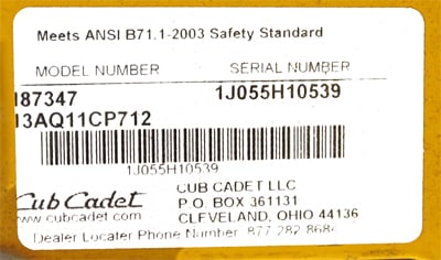 Cub Cadet Model Number Sticker